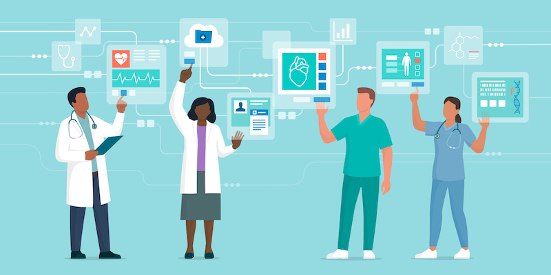 An illustration of several different team members in a medical practice pulling and analyzing data in order to make more informed decisions for its patients and for the practice